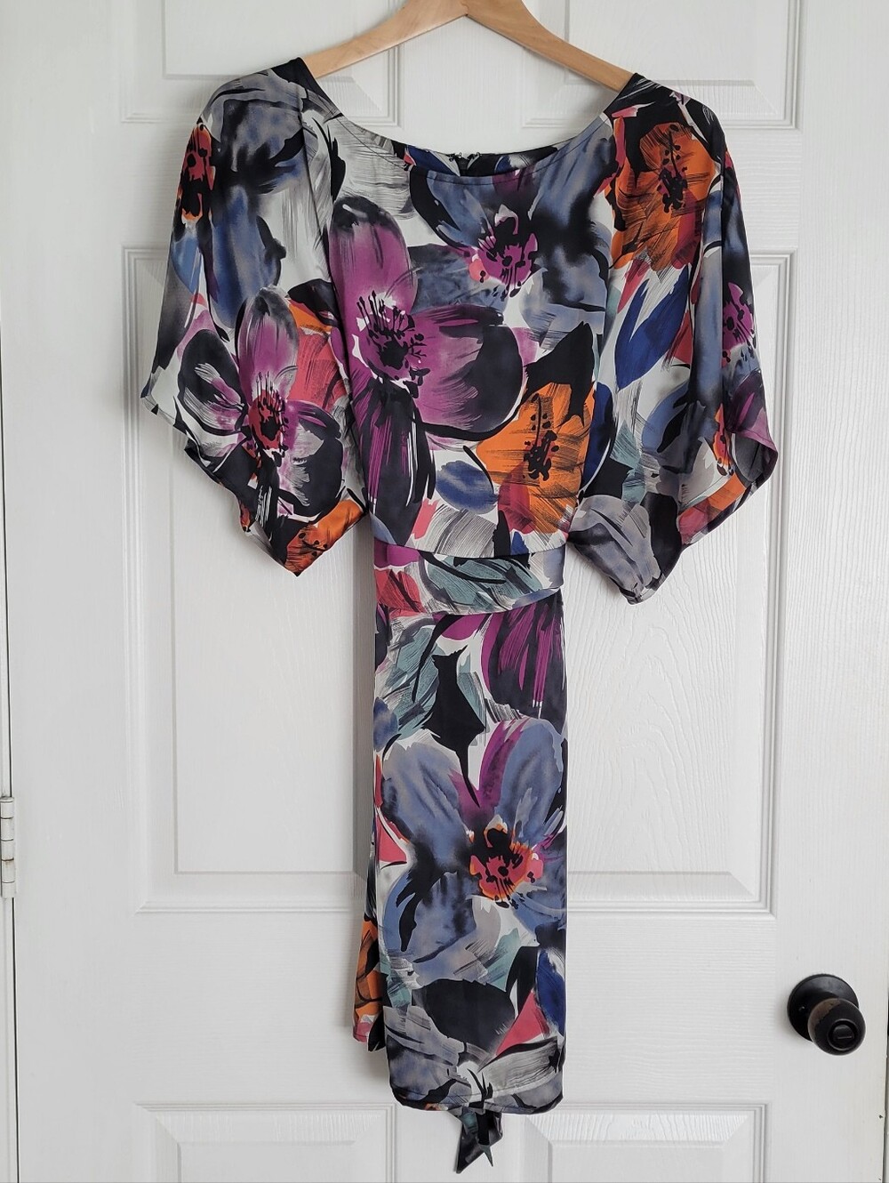 BCBGMaxAzria Floral Kimono Sleeve Mini Dress in Purple, Orange and Gray
